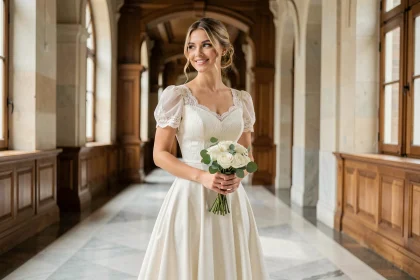 Mariée en robe blanche midi en dentelle tenant un bouquet de roses dans un couloir de mairie élégant pour un mariage civil