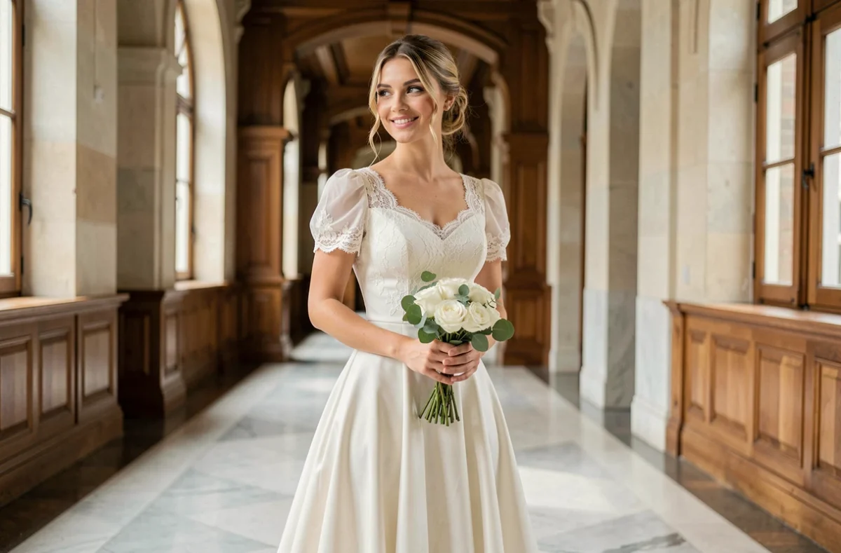 Mariée en robe blanche midi en dentelle tenant un bouquet de roses dans un couloir de mairie élégant pour un mariage civil
