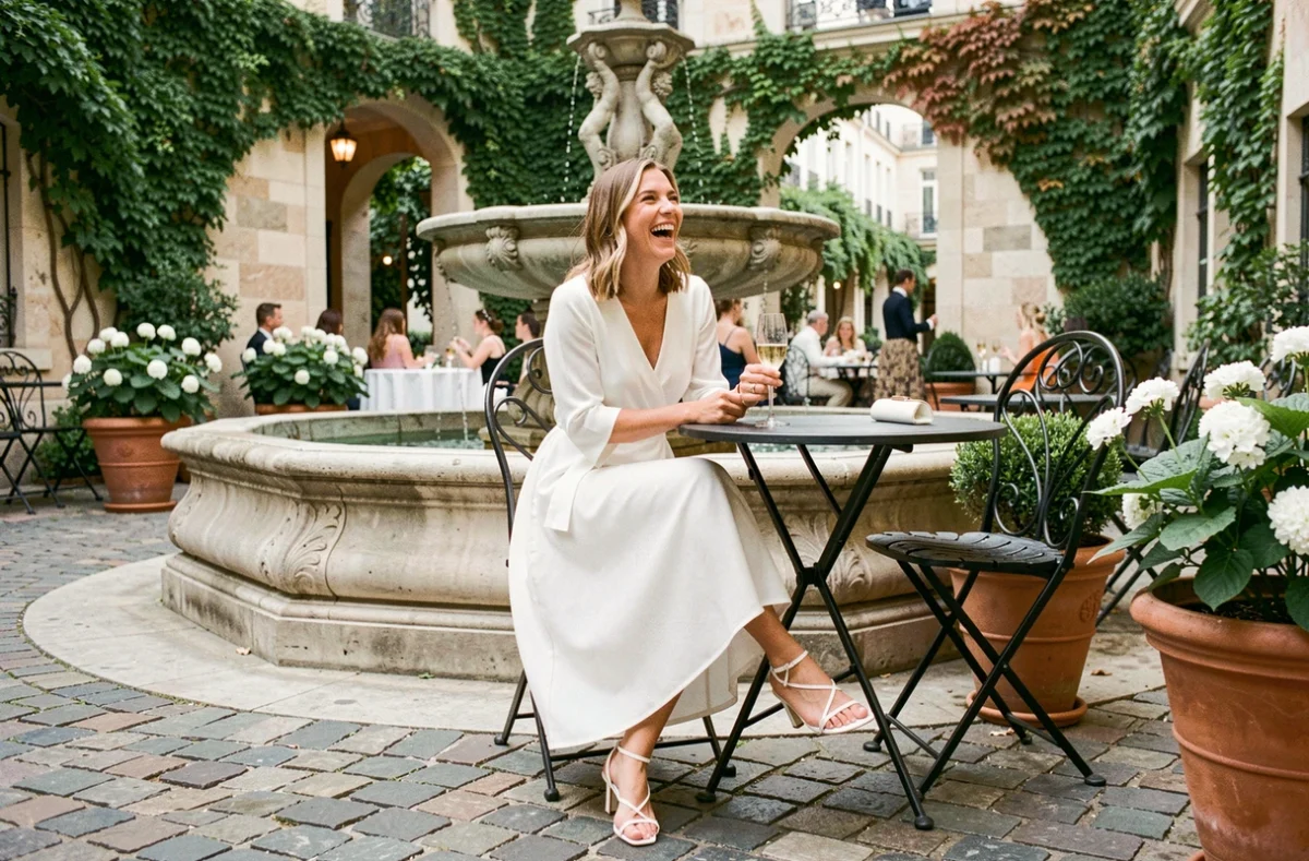 Femme en robe blanche fluide pour mariage civil assise en terrasse tenant une flûte de champagne avec élégance et décontraction