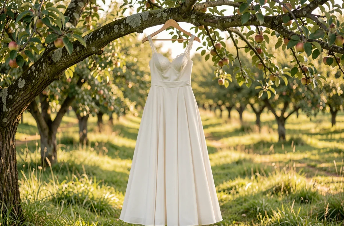 Robe de mariée fluide suspendue à un pommier