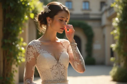Femme en robe dentelle ivoire pour mariage avec peigne perles et pochette satin dans une cour parisienne