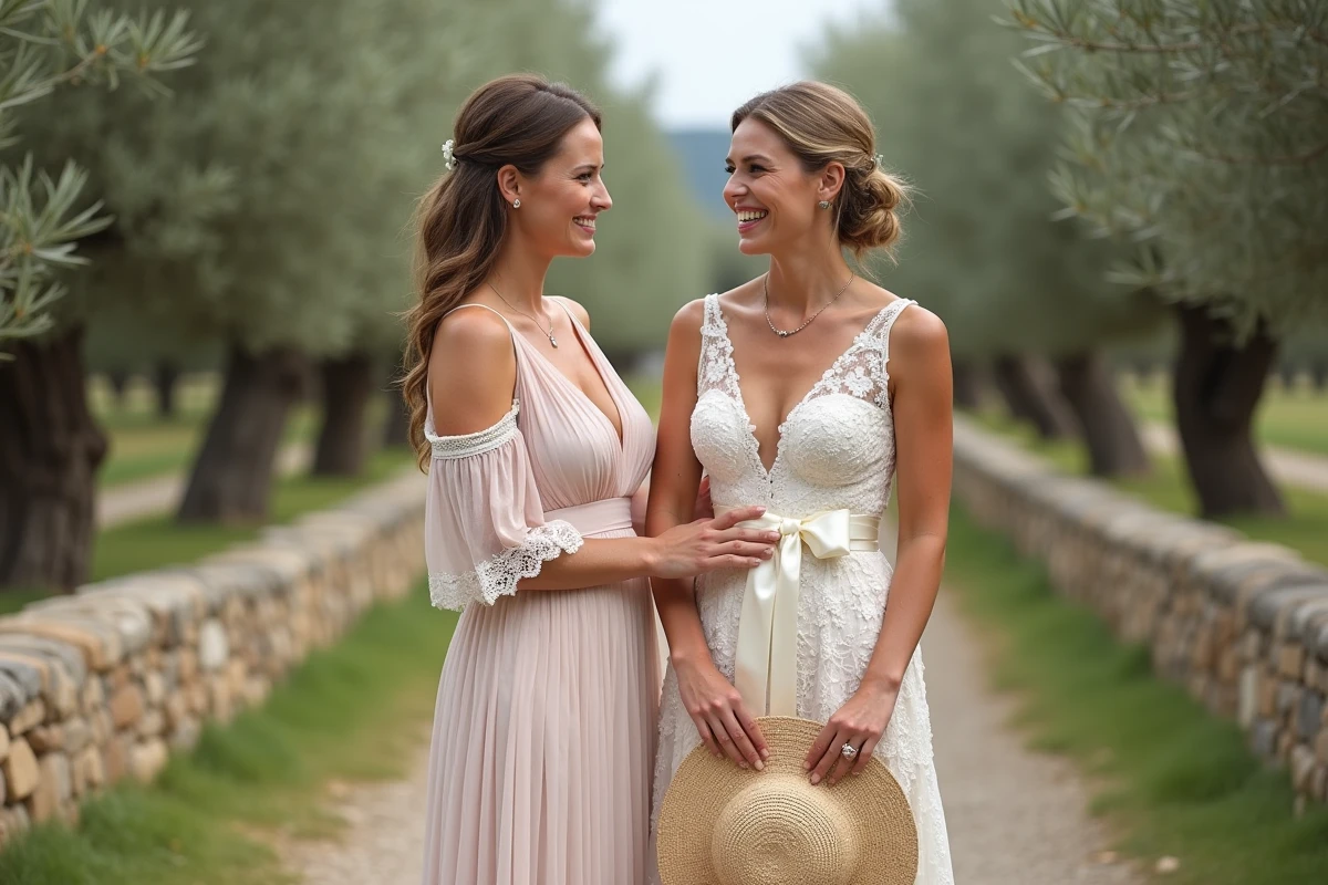 Mariée en robe dentelle blanche avec chapeau de paille et ceinture soie aux côtés d'une demoiselle d'honneur dans un jardin provençal