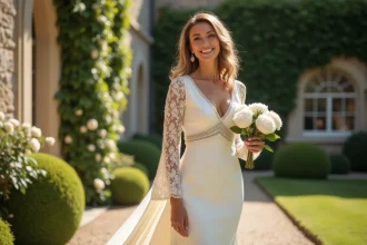 Femme de plus de 40 ans en robe de mariée blanche élégante en satin et dentelle dans un jardin de château français