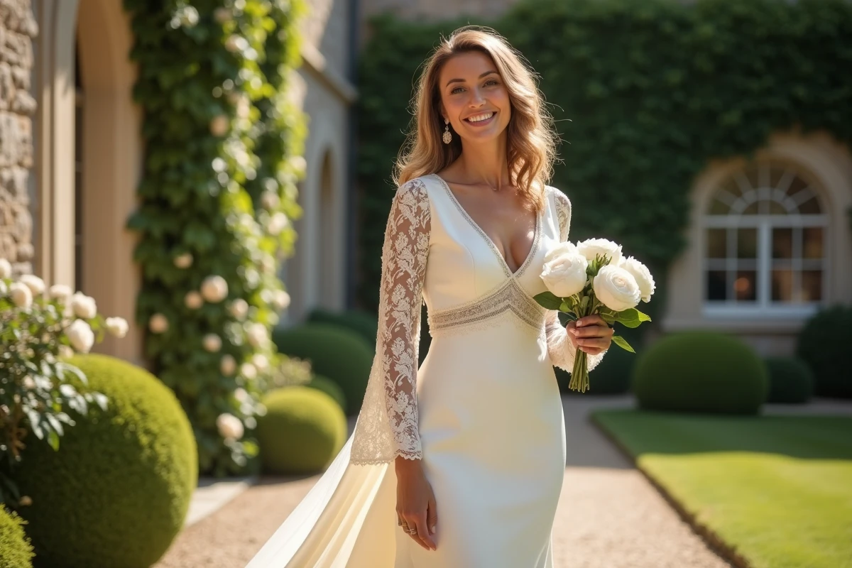 Femme de plus de 40 ans en robe de mariée blanche élégante en satin et dentelle dans un jardin de château français