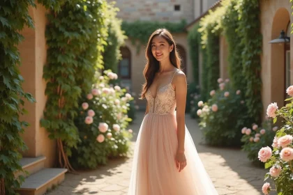 Mariée en robe de cérémonie pastel rose poudré à dentelle dans un jardin fleuri en pierre pour un mariage élégant en 2026