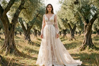 Mariée en robe bohème dentelle dans un oliveraie, silhouette élégante mise en valeur par une coupe fluide et des manches longues