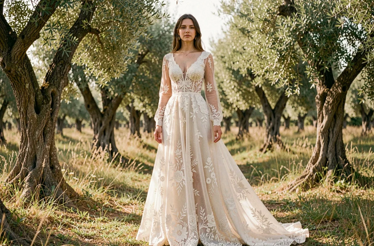 Mariée en robe bohème dentelle dans un oliveraie, silhouette élégante mise en valeur par une coupe fluide et des manches longues