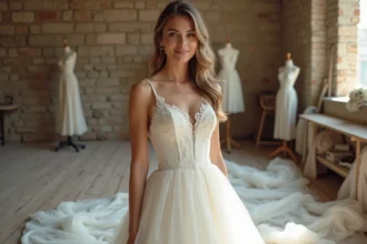 Femme portant une robe de mariée ivoire coupe en A dans un atelier élégant, mettant en valeur la silhouette féminine