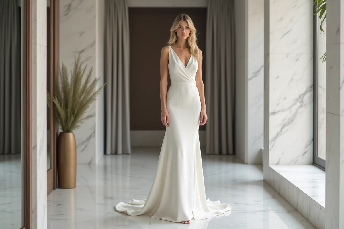 Femme en robe de mariée ivoire coupe en H dans une boutique de mariage contemporaine avec miroirs et marbre