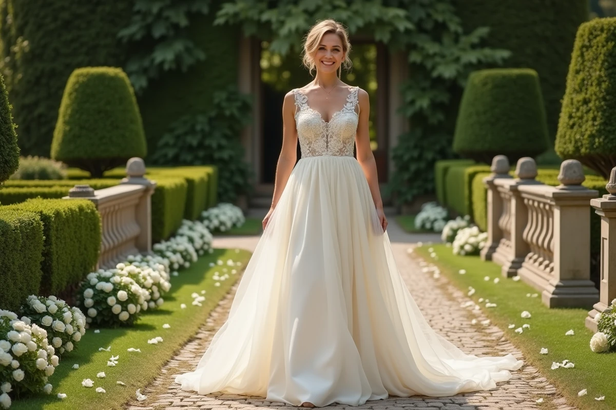 Femme portant une robe de mariée ivoire coupe empire en O dans un jardin de château, silhouette fluide et élégante
