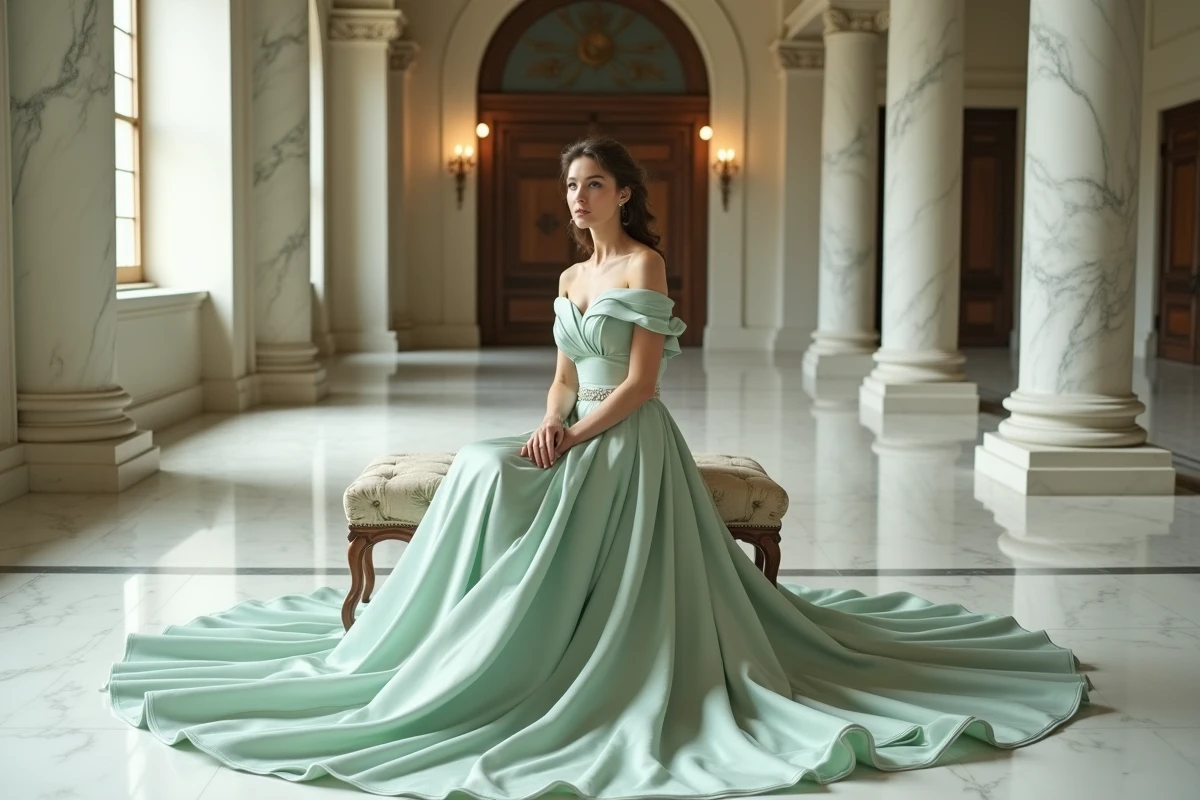 Femme en robe de mariée pastel vert sauge à épaules dénudées et traîne cathédrale dans une salle historique en marbre pour un mariage raffiné