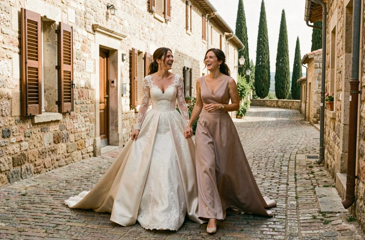 Mariée en robe de princesse marchant librement dans une rue pavée provençale avec sa demoiselle d'honneur en riant
