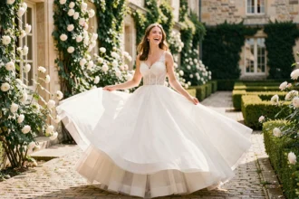 Mariée en robe de princesse qui tourne librement dans un jardin de château français avec une jupe en tulle virevoltante