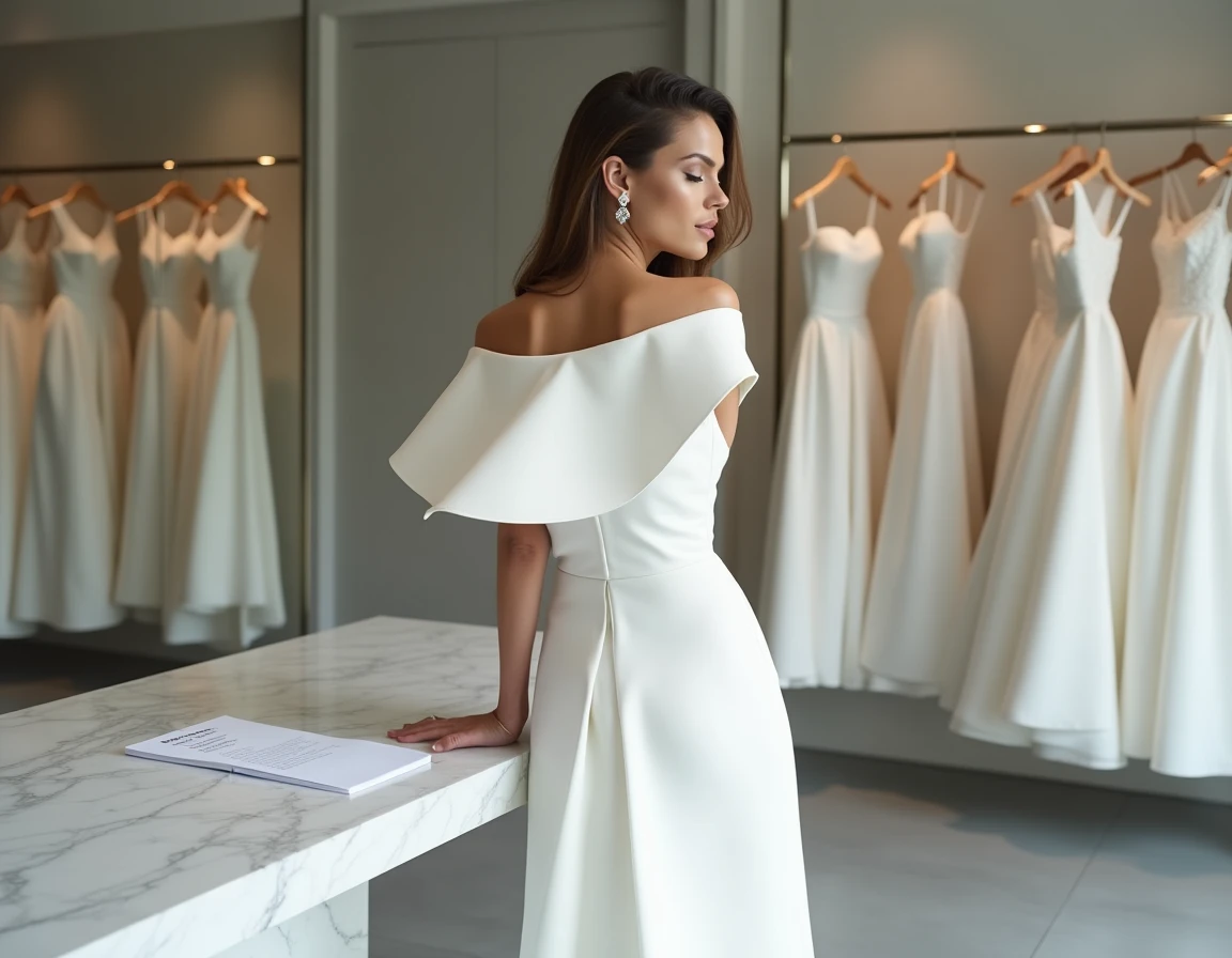 Robe de mariée haute couture dans un atelier parisien haut de gamme avec liste de prix sur comptoir en marbre