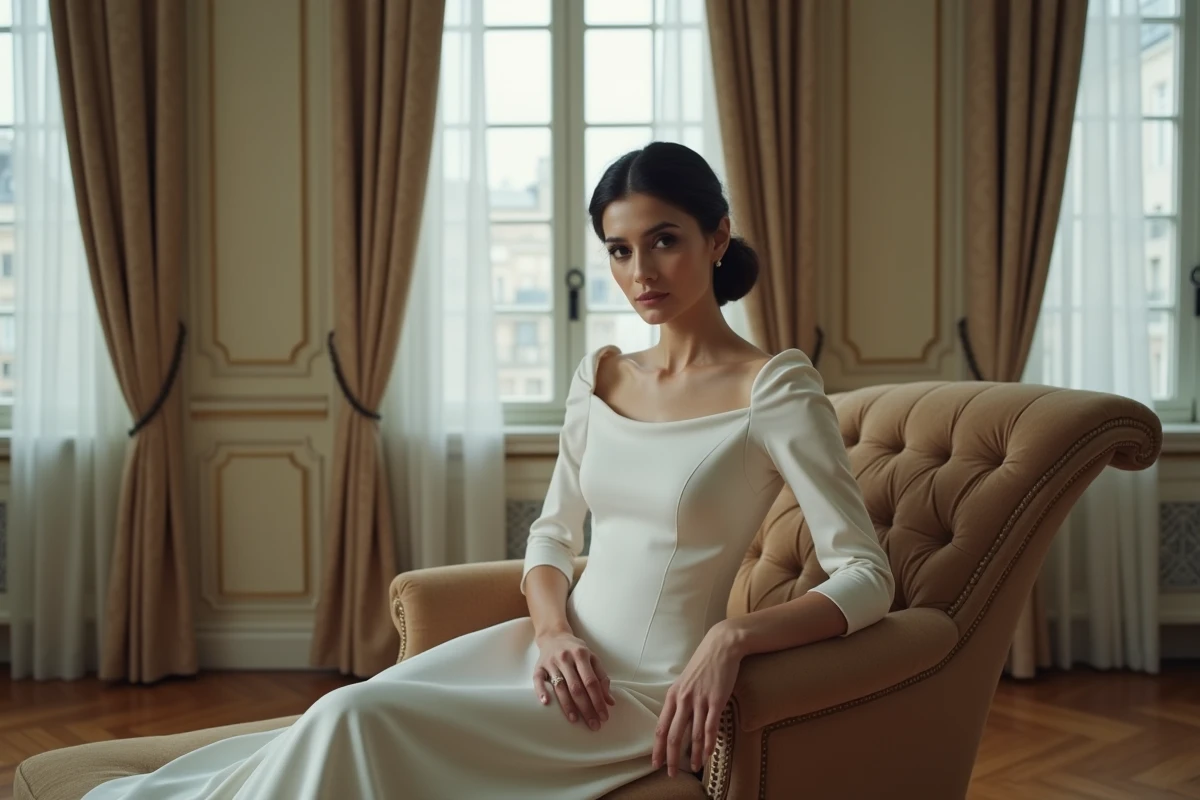 Mariée élégante de plus de 40 ans en robe blanche crêpe assise sur une chaise longue dans un intérieur parisien classique