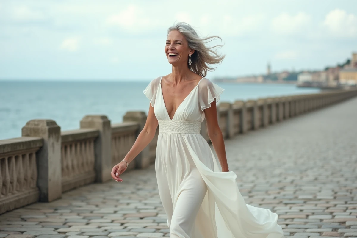 Femme de plus de 40 ans en robe de mariée blanche en mousseline marchant sur une promenade côtière avec vue sur la mer