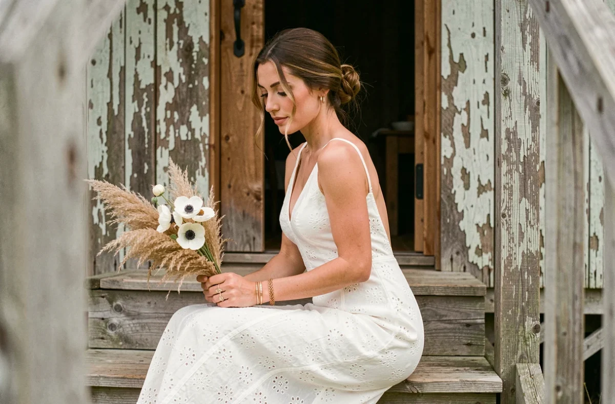 Mariée bohème assise sur des marches en bois rustiques, portant une robe ivoire brodée avec des accessoires discrets, tenant un bouquet de fleurs séchées