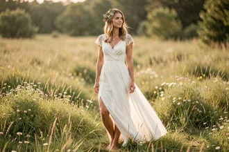Femme en robe de mariée bohème ivoire dans une prairie fleurie, accessoirisée simplement avec un collier doré fin et une touche de verdure dans les cheveux