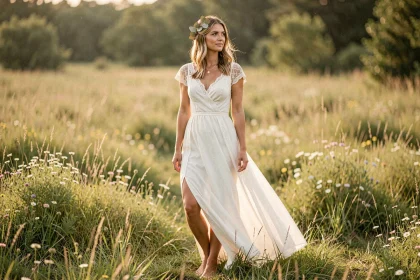 Femme en robe de mariée bohème ivoire dans une prairie fleurie, accessoirisée simplement avec un collier doré fin et une touche de verdure dans les cheveux