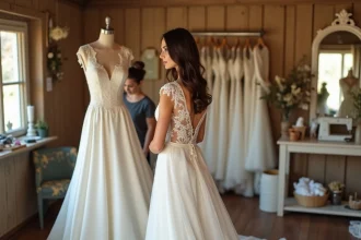 Mariée essayant une robe de mariée en dentelle ivoire dans une boutique de province avec une étiquette de prix visible