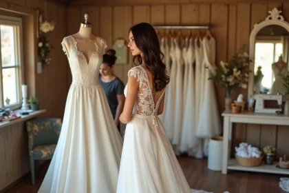 Mariée essayant une robe de mariée en dentelle ivoire dans une boutique de province avec une étiquette de prix visible