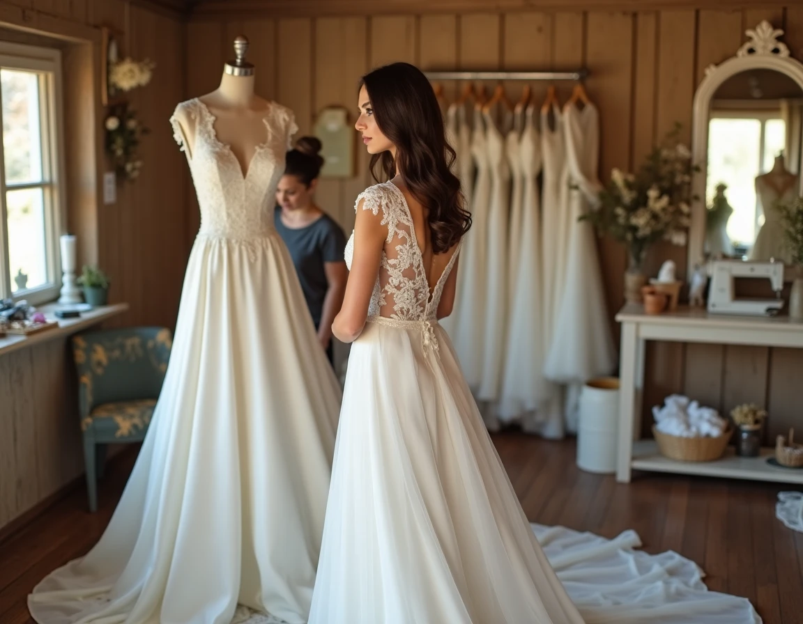Mariée essayant une robe de mariée en dentelle ivoire dans une boutique de province avec une étiquette de prix visible