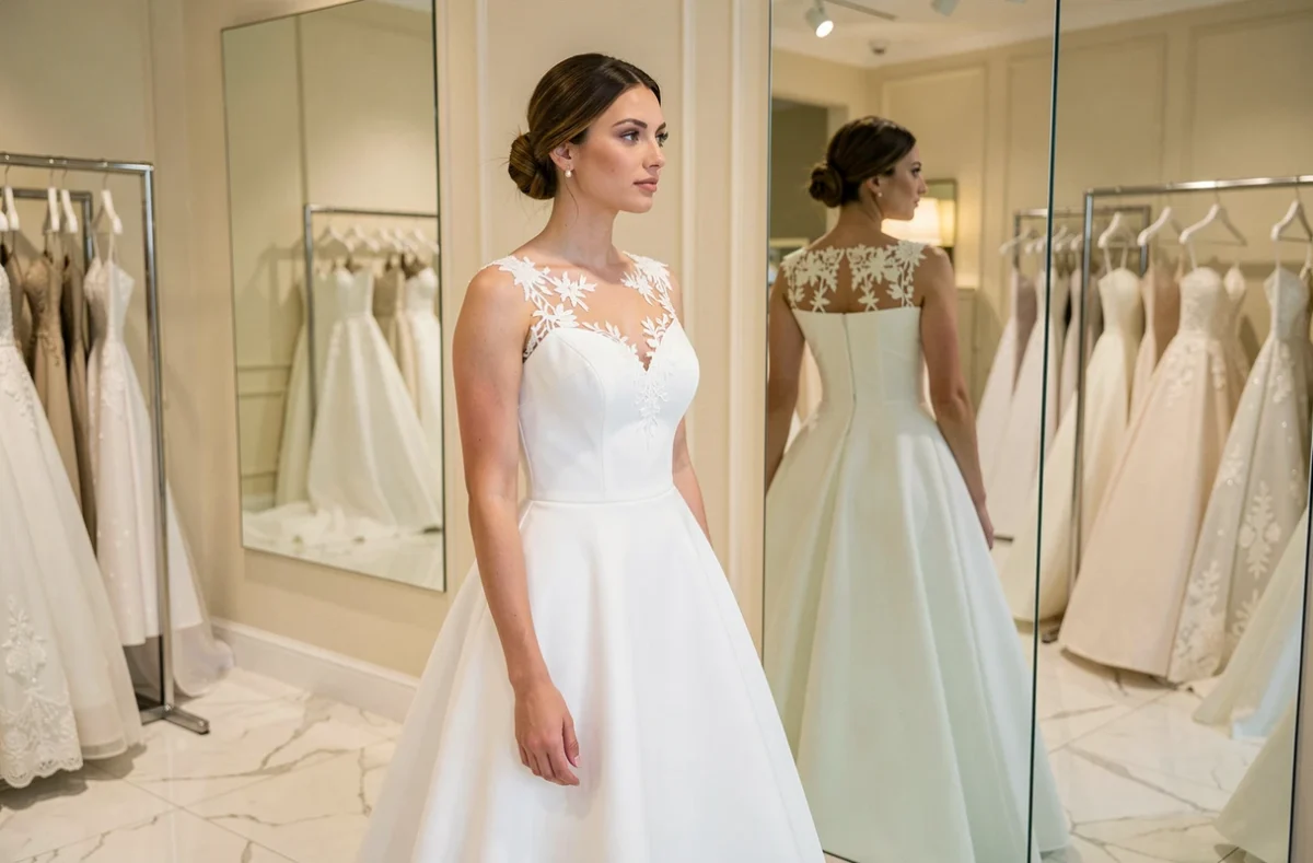 Mariée essayant une robe de créateur haut de gamme dans une boutique de mariage luxueuse avec miroir et robes en arrière-plan