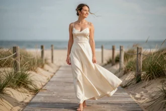 Mariée en robe fluide et simple en soie ivoire sur une passerelle en bois au bord de la mer, souriante et naturelle