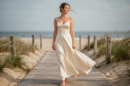 Mariée en robe fluide et simple en soie ivoire sur une passerelle en bois au bord de la mer, souriante et naturelle
