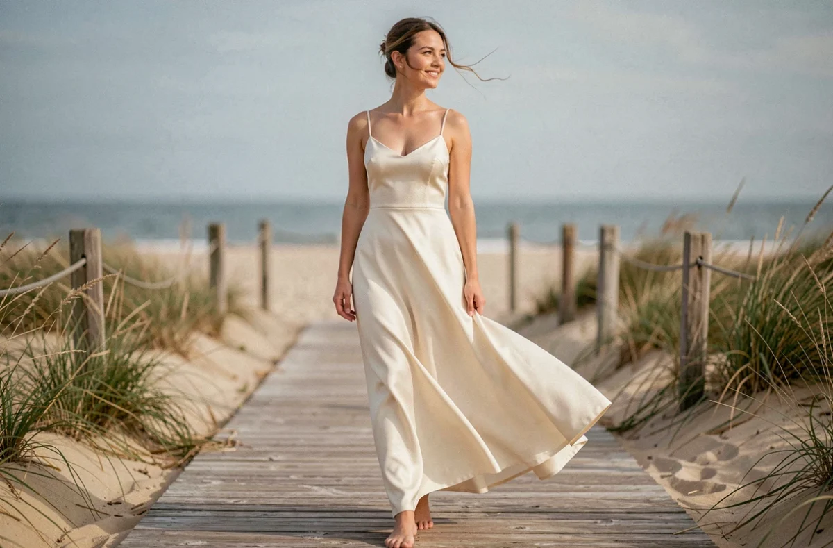 Mariée en robe fluide et simple en soie ivoire sur une passerelle en bois au bord de la mer, souriante et naturelle
