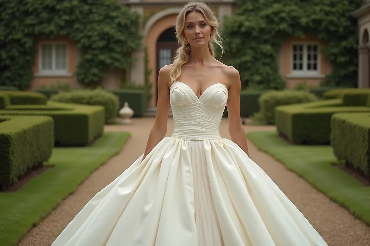 Robe meringue mal ajustée avec corsage froissé et jupe trop large en jardin français