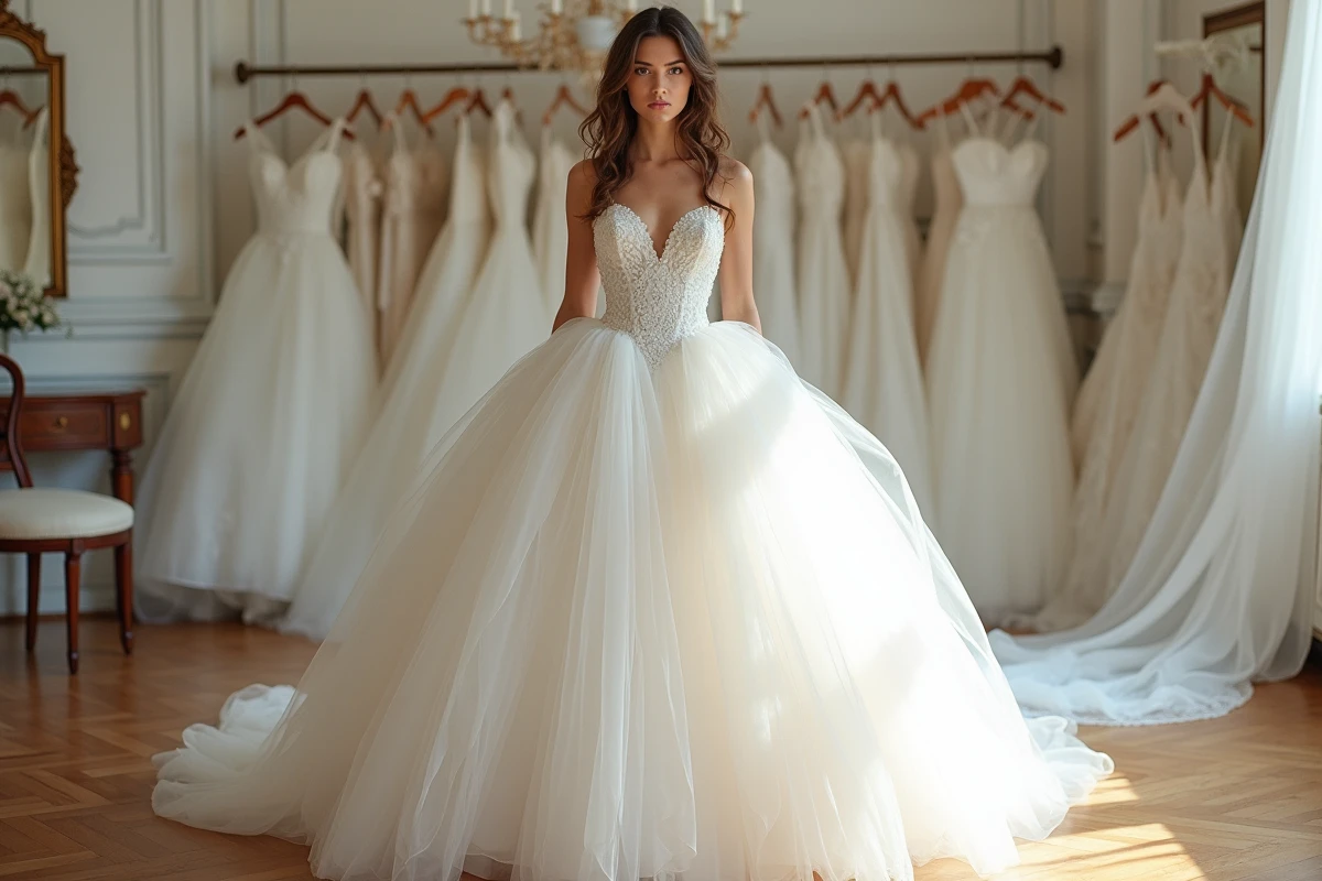 Femme en robe de mariée meringue volumineuse qui écrase sa silhouette dans une boutique de mariage