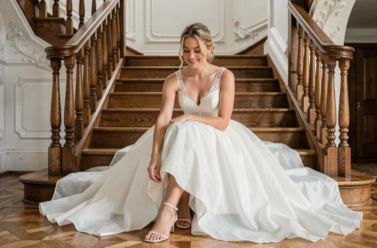 Mariée en robe de princesse assise sur un escalier en bois vintage ajustant sa chaussure avec aisance et confort