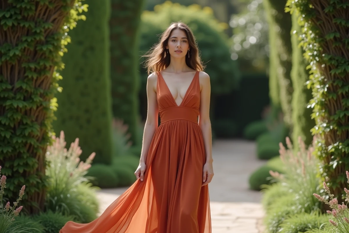 Femme portant une robe témoin de mariage en chiffon terracotta dans un jardin verdoyant, détail des matières fluides