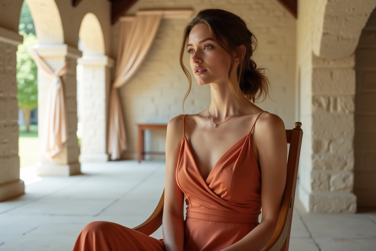Robe témoin de mariage en satin terracotta avec détail de structure du corsage dans une salle de réception élégante