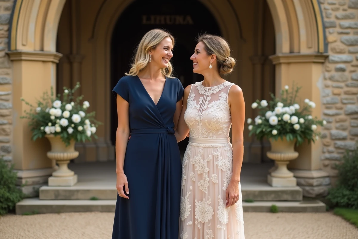 Deux invitées de mariage en robes de cérémonie chic bleu marine et champagne devant une église de village français