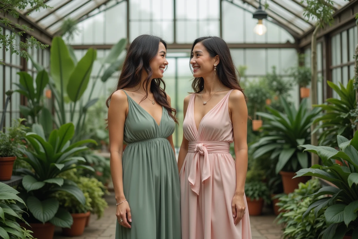 Deux femmes en robes de mariage aux coupes empire et colonne dans une serre botanique verdoyante