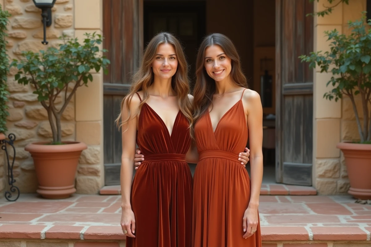 Deux femmes en robes témoins de mariage terracotta en velours et crêpe, comparaison des matières sur fond de pierre méditerranéenne