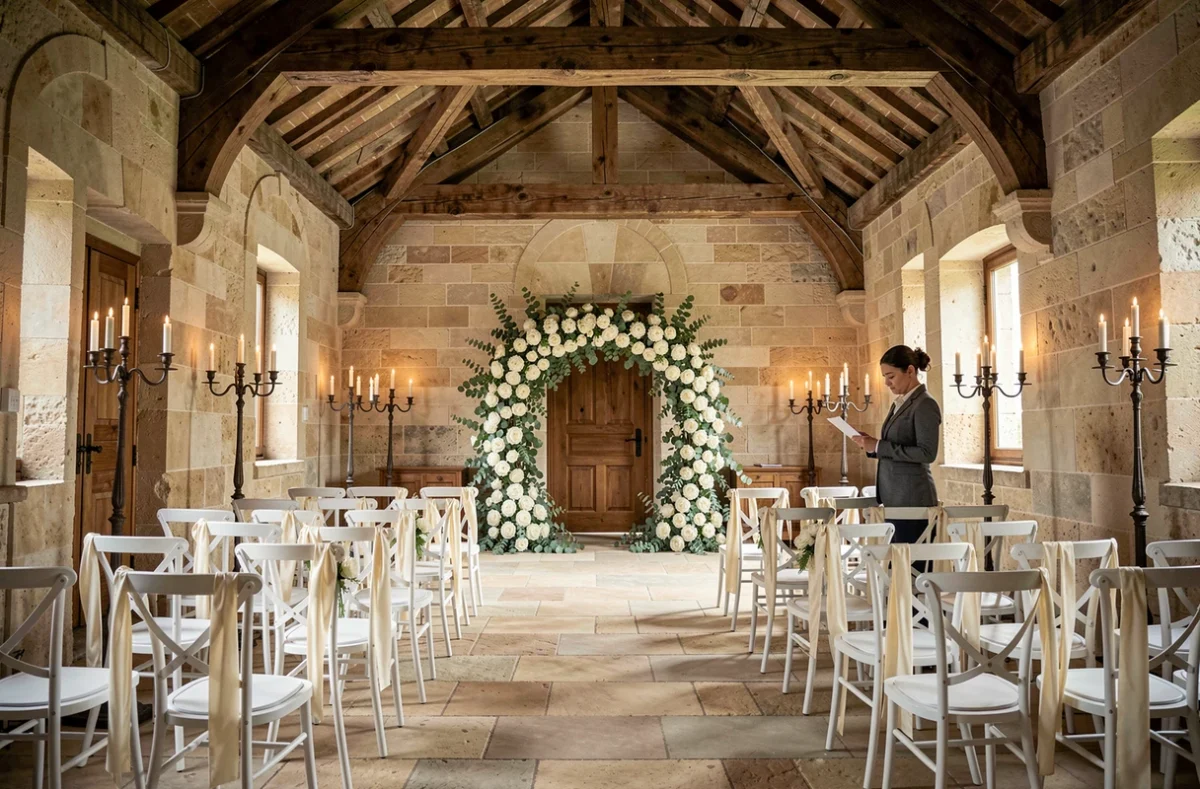 Salle de cérémonie de mariage haut de gamme dans un domaine du Var avec voûtes en pierre, chaises chiavari et arche florale blanche