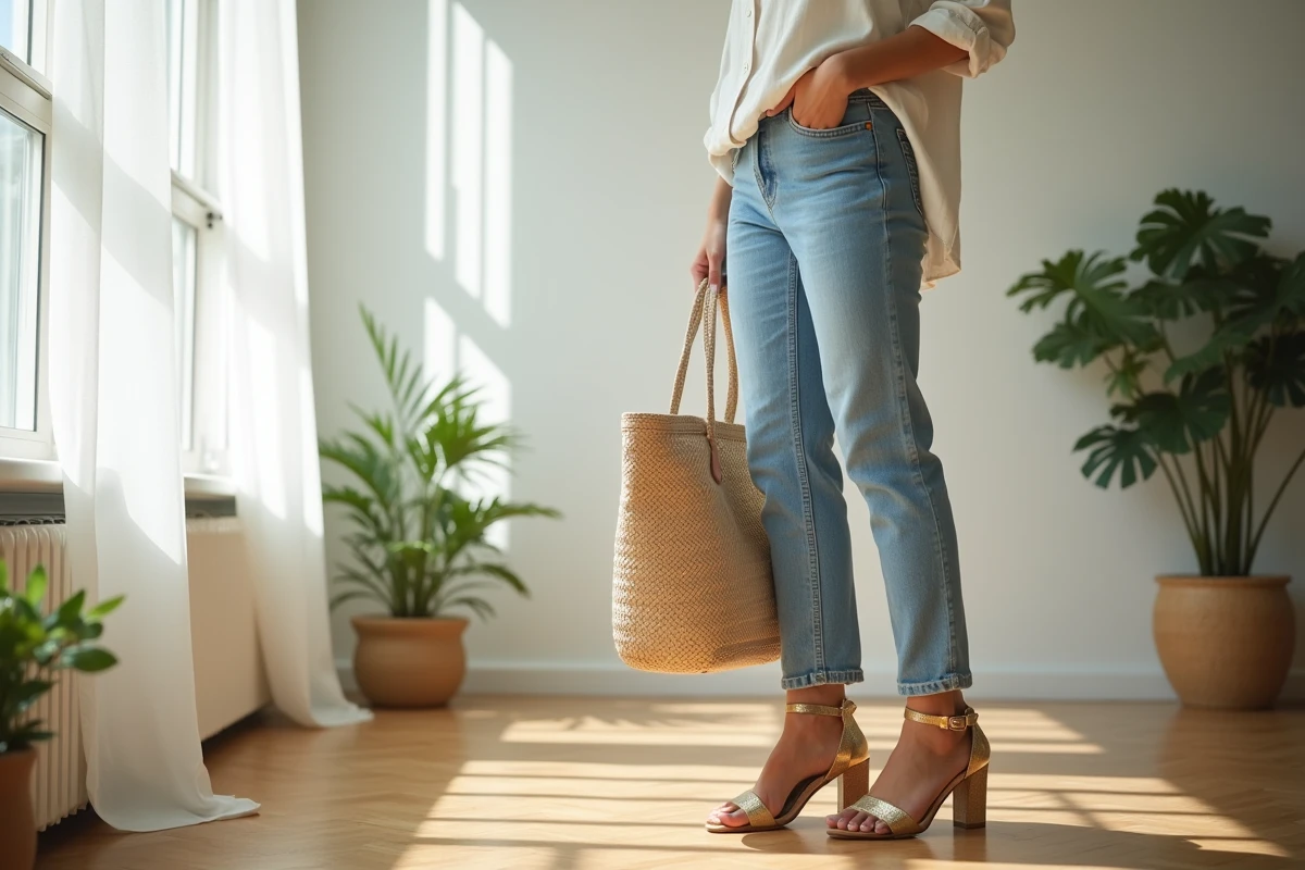 Sandales dorées confortables issues d'une tenue de mariage portées de façon décontractée avec un jean et une chemise en lin dans un appartement moderne