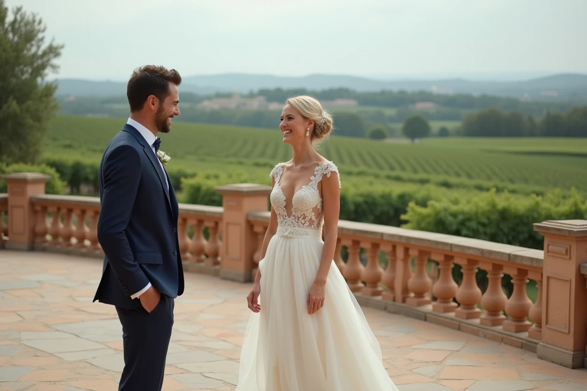 Séance photo de couple lors d'un mariage de luxe dans un domaine viticole du sud de la France