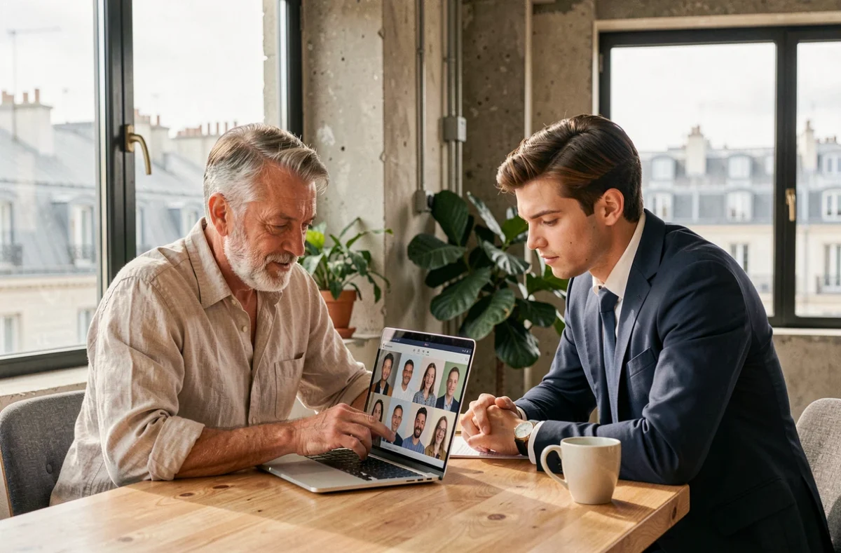 Photographe et client révisant des photos de CV sur ordinateur dans un espace de coworking parisien