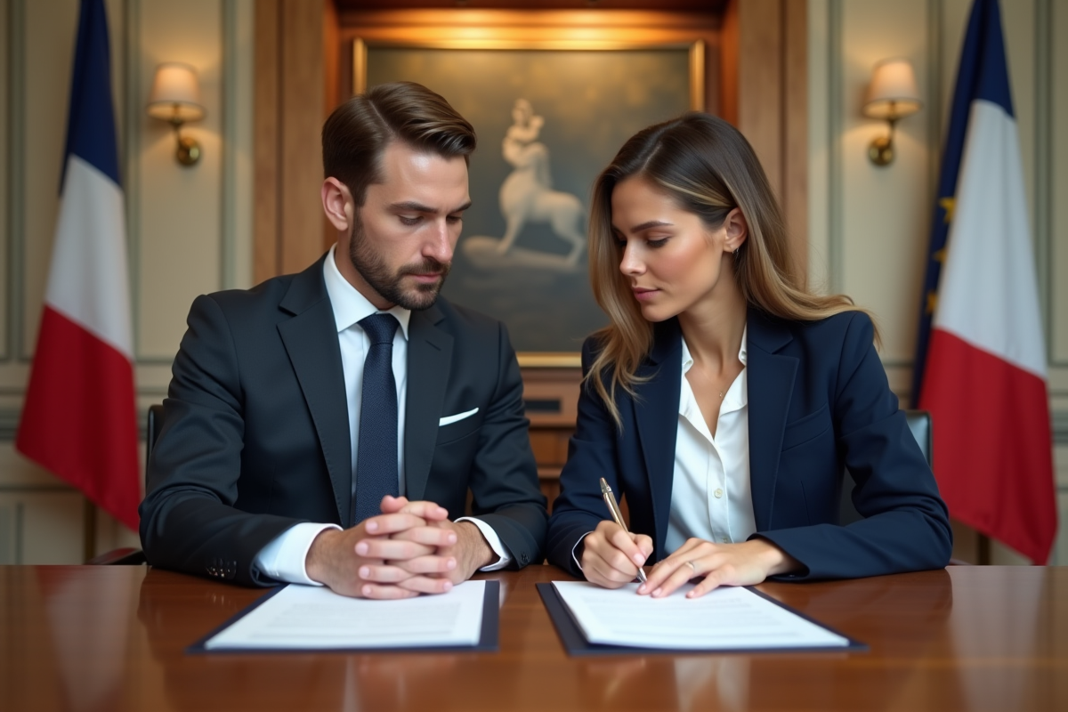 Jeune couple signant des documents officiels à la mairie