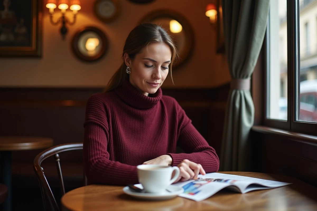 Femme journaliste et personnalité médiatique française attablée dans une brasserie parisienne avec un magazine ouvert