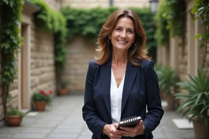 Portrait d'une journaliste et présentatrice télévision française souriante dans une cour parisienne en blazer marine