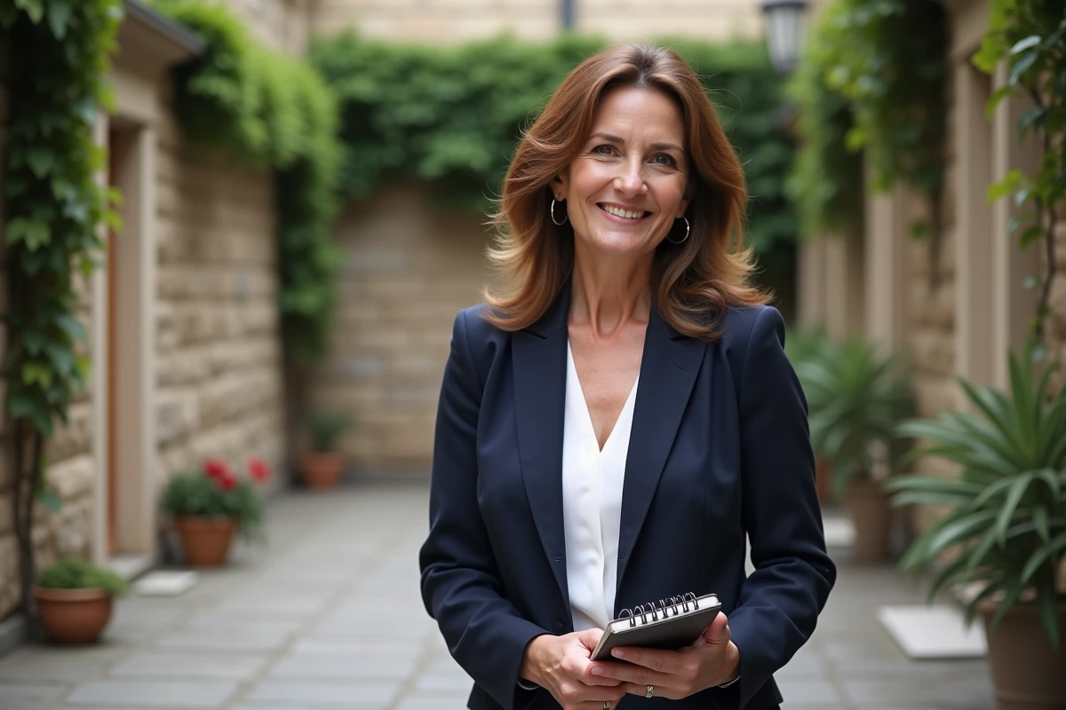 Portrait d'une journaliste et présentatrice télévision française souriante dans une cour parisienne en blazer marine