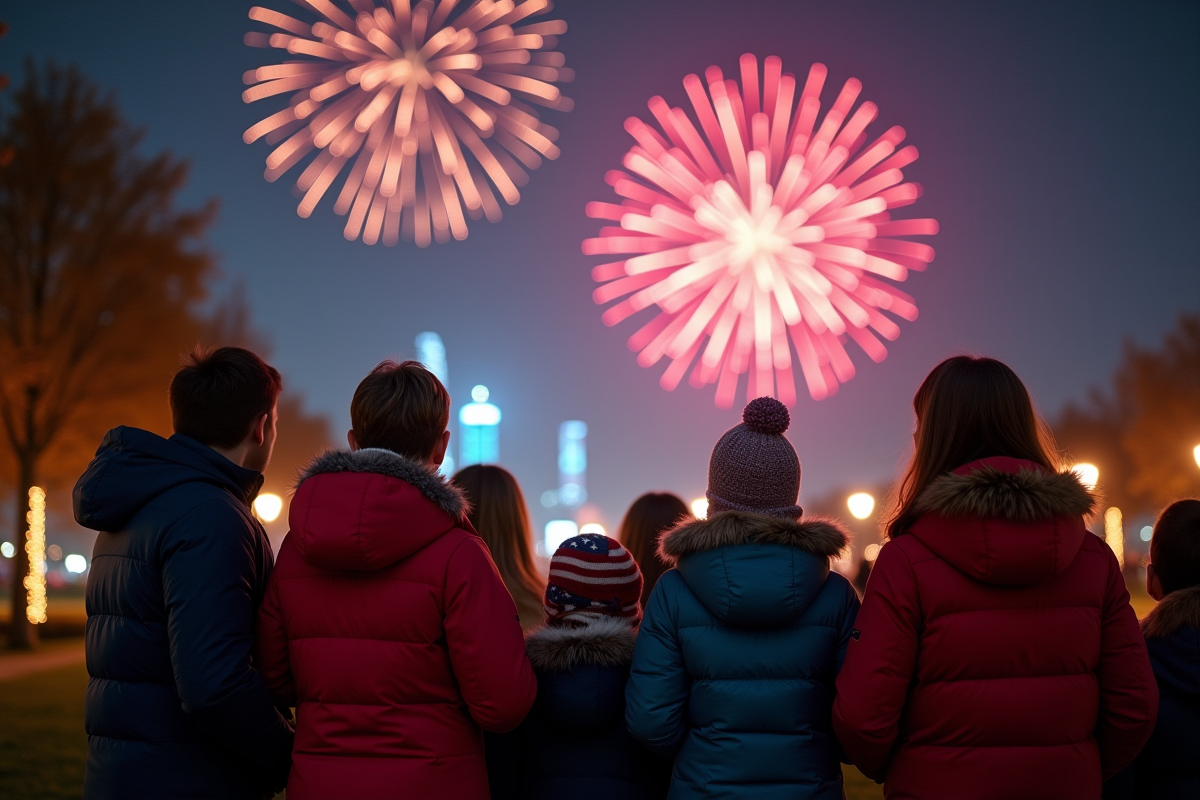 Groupe d'adultes et enfants regardant un spectacle de drones lumineux dans un parc