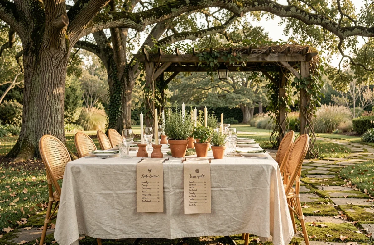 Table de mariage écoresponsable en plein air sous des chênes avec décoration naturelle en lin, bougies en cire d'abeille et herbes aromatiques