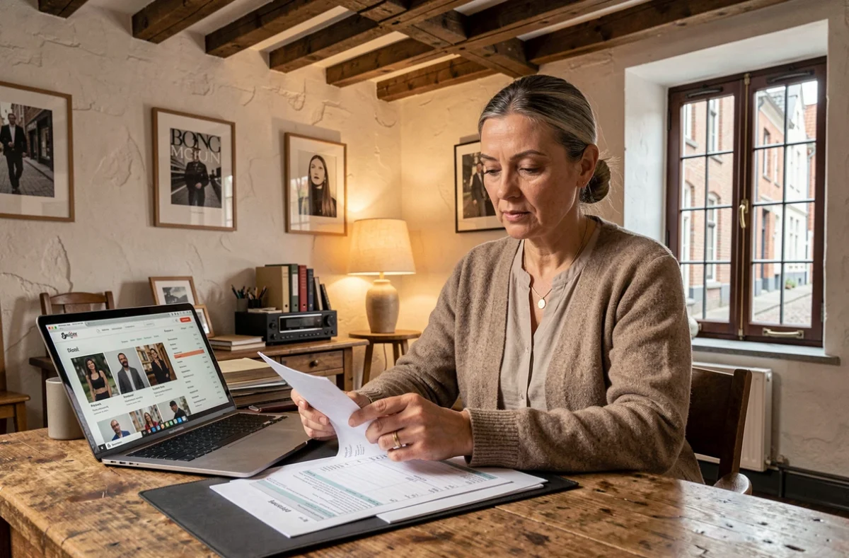 Photographe à Bruges examinant une liste de tarifs et une facture dans son bureau de style flamand