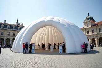 Tente gonflable blanche installée sur une place de mairie pour un événement associatif en plein air